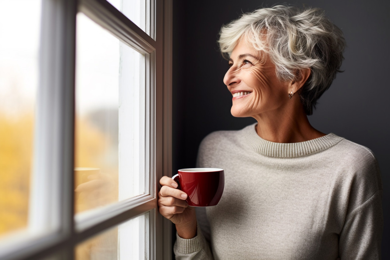 Smiling senior woman with hot drink at home looking away