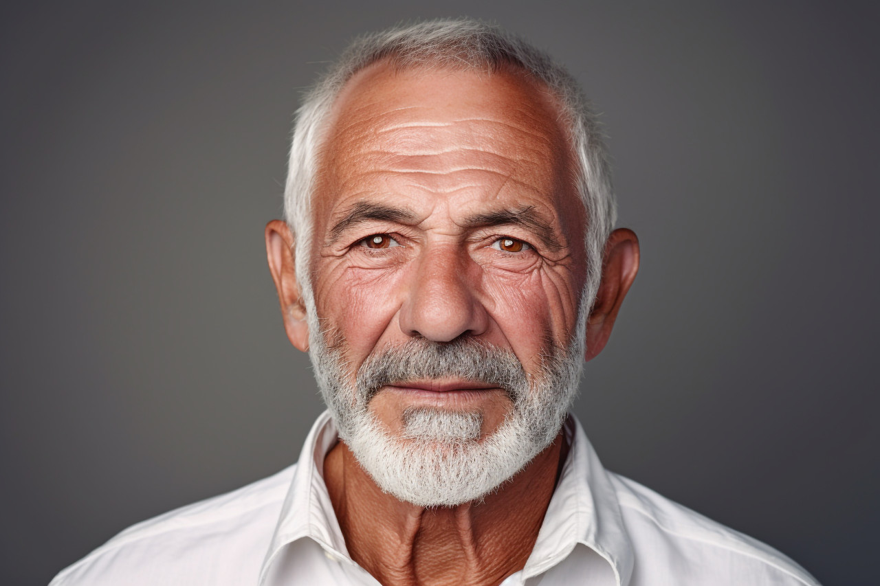 Senior man portrait on gray background