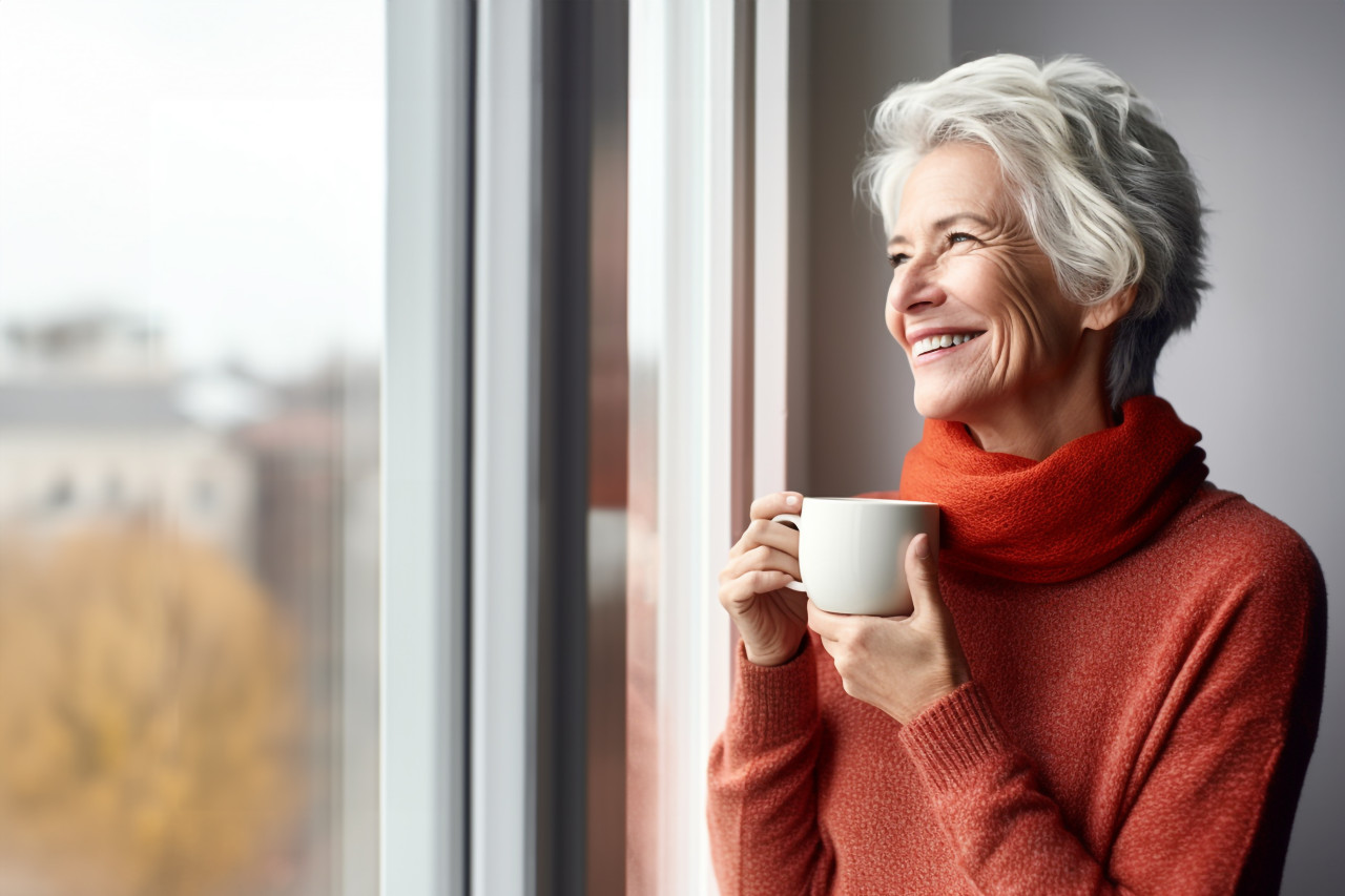 Smiling senior woman with hot drink at home looking away