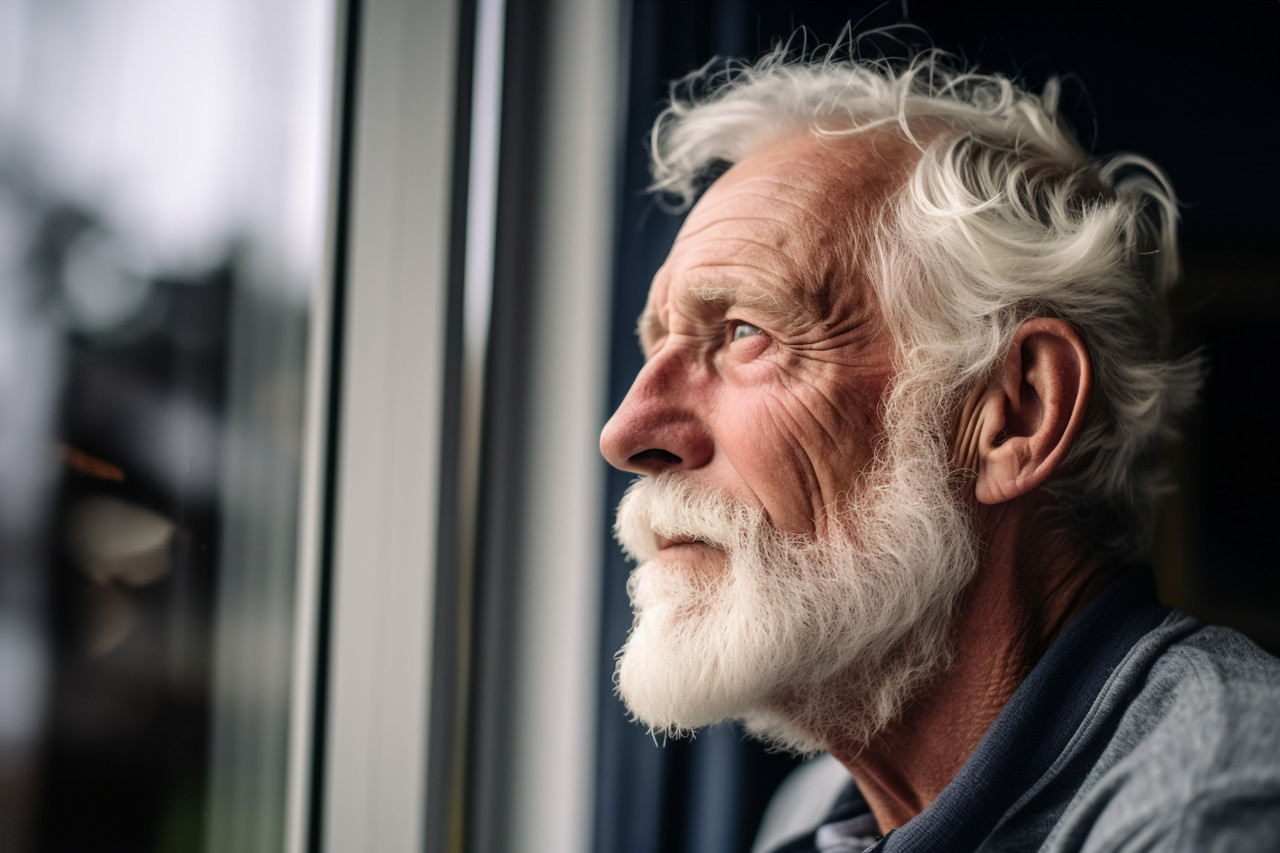 Senior man gazing out window thoughtfully