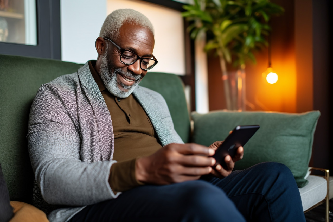 Senior black man working online on sofa with laptop and smartphone