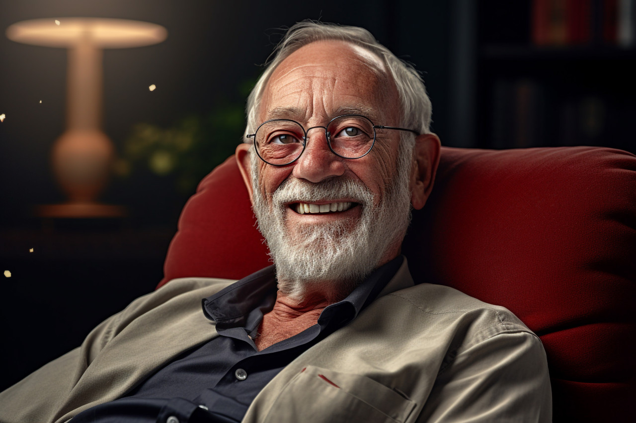 Happy elderly man in glasses relaxing in armchair