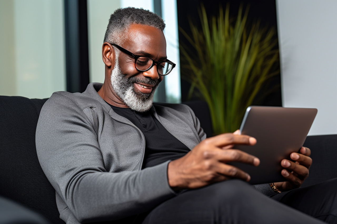 Senior black man working online on sofa with laptop and smartphone