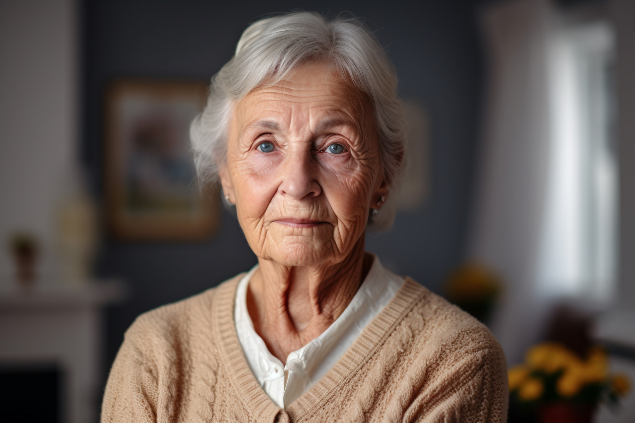 Portrait of elderly woman in beige cardigan at home