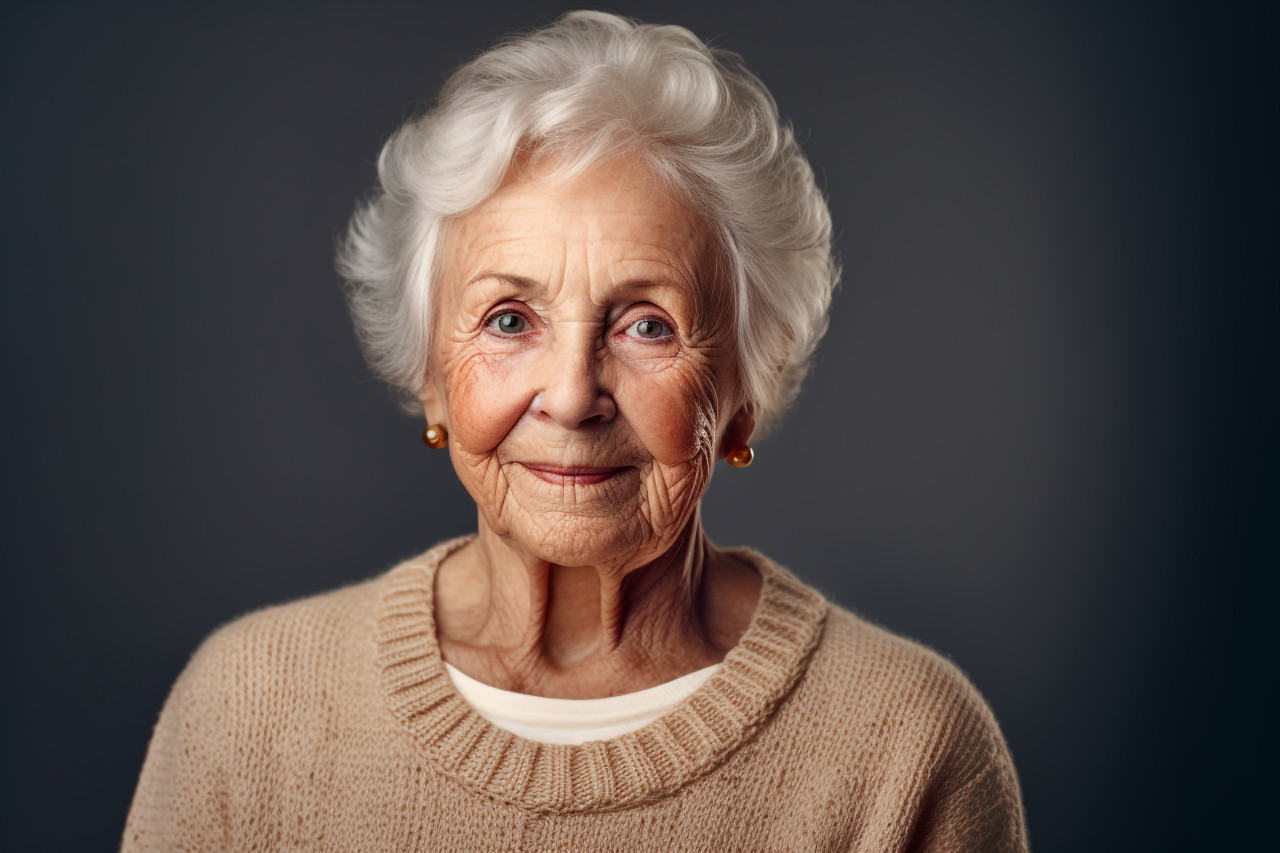 Portrait of elderly woman in beige cardigan at home