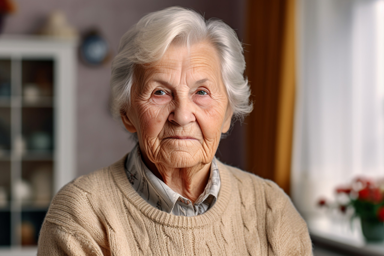 Portrait of elderly woman in beige cardigan at home