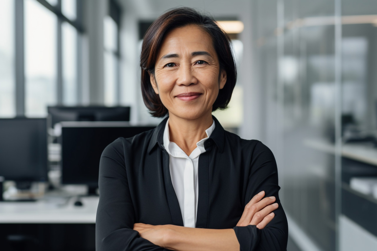 Confident asian businesswoman in office smiling at camera
