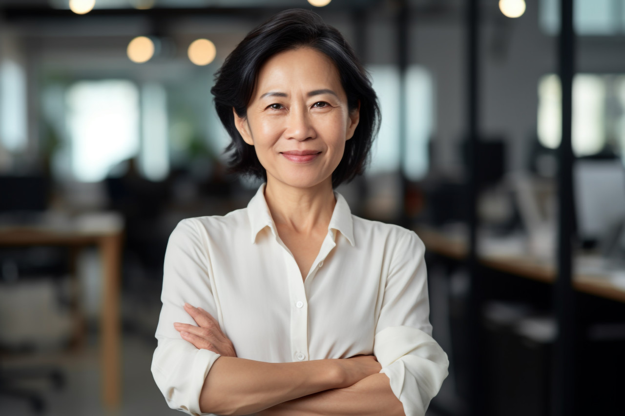 Confident asian businesswoman in office smiling at camera