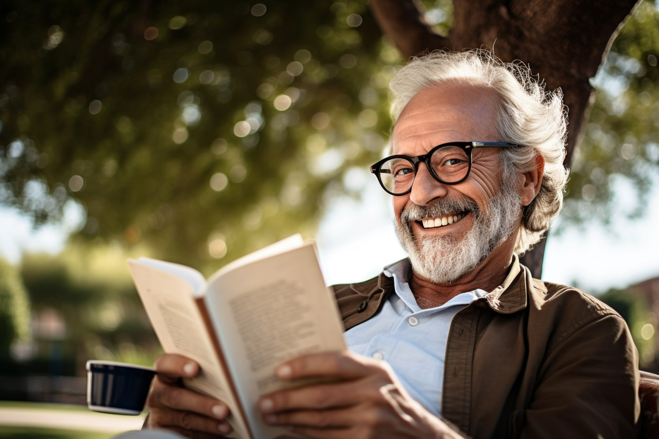 Senior man reading and drinking coffee in park photo