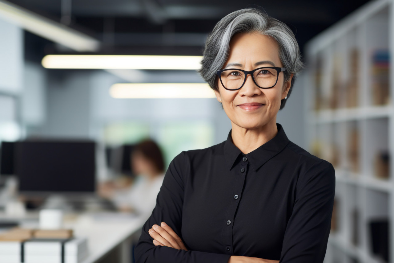 Confident asian businesswoman in office smiling at camera