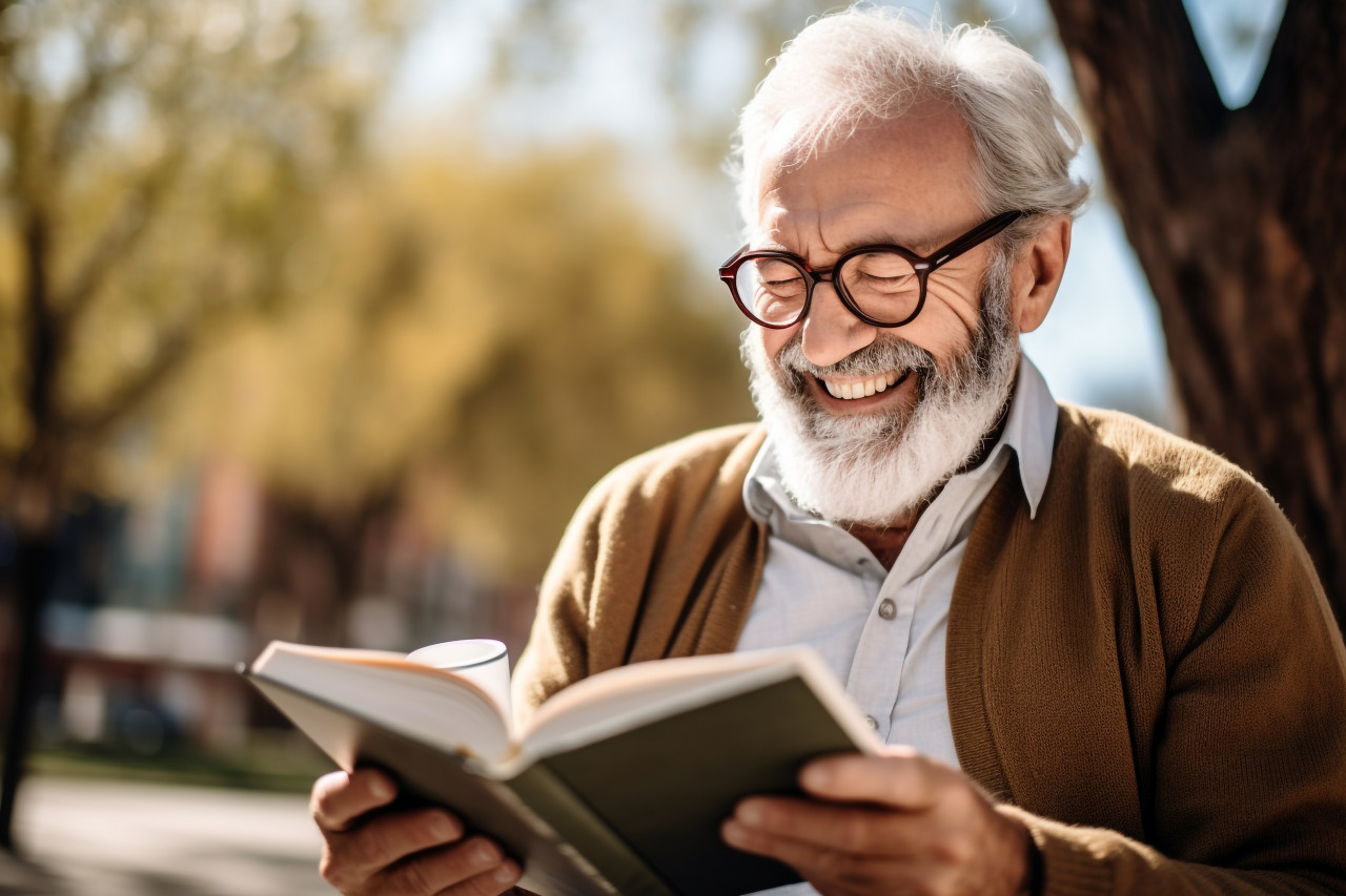 Senior man reading and drinking coffee in park photo