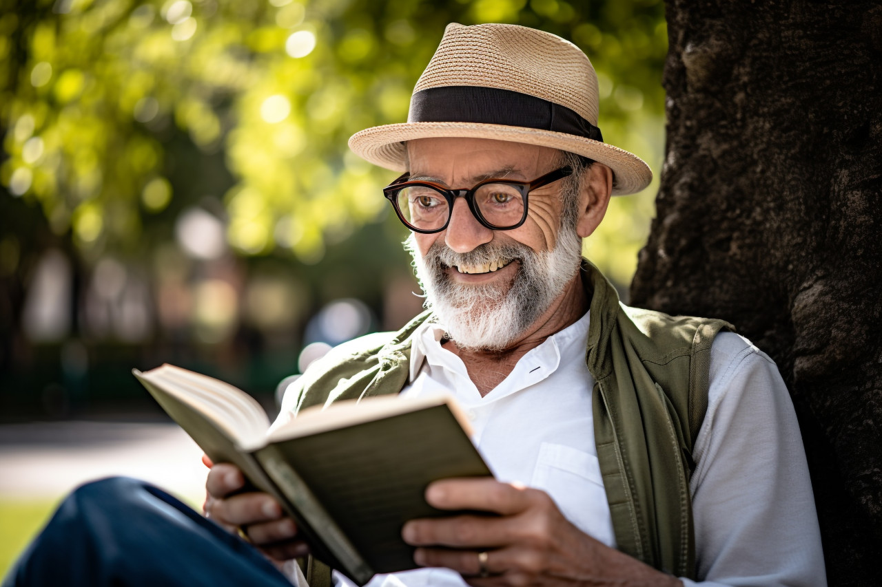 Senior man reading and drinking coffee in park photo