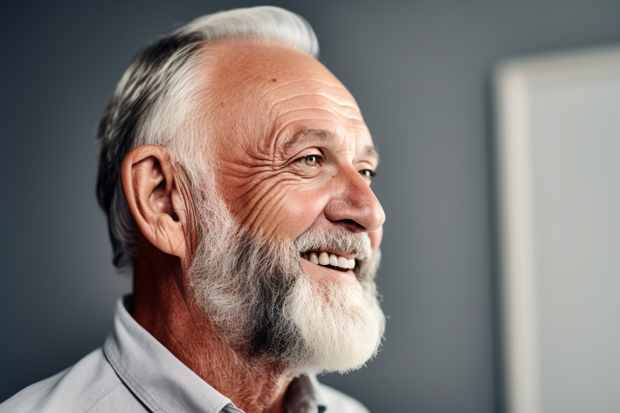 Happy senior man with hearing aid at home