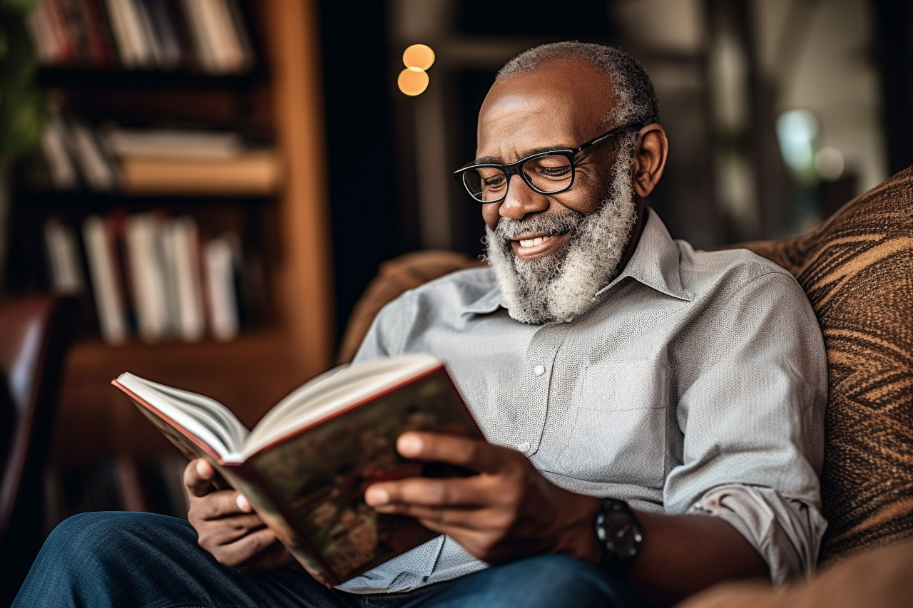 Smiling african american man reading book at home