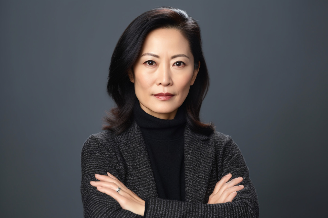 Asian female psychologist standing with arms crossed