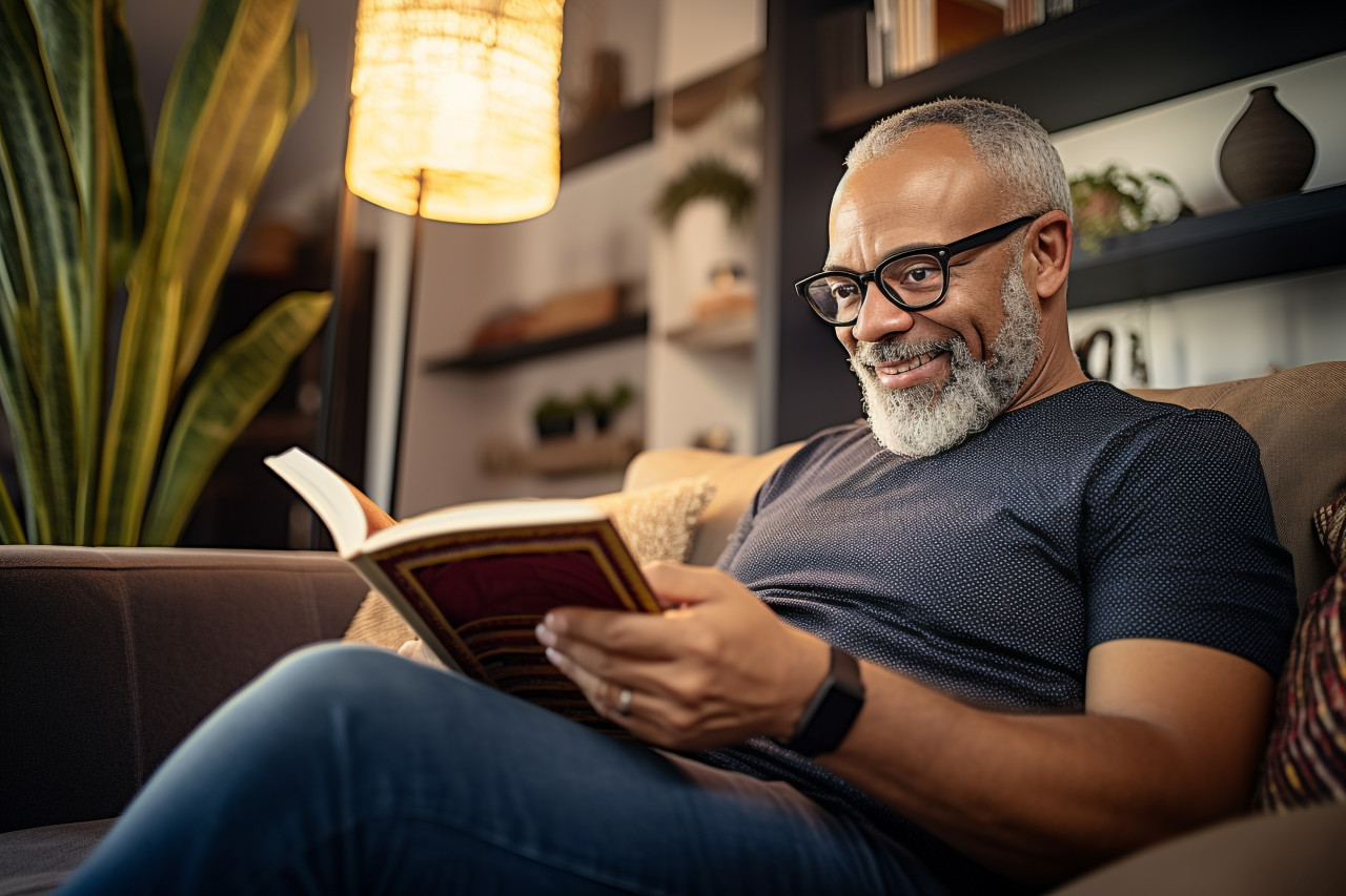 Smiling african american man reading book at home