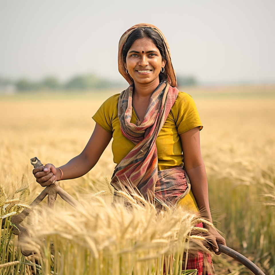 Smiling indian woman farm crop scout at work on blured background