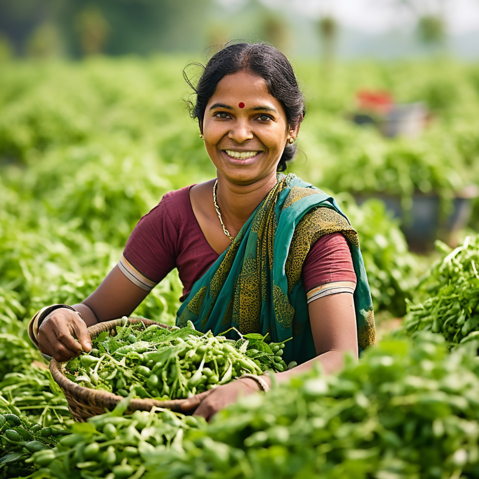 Friendly smiling indian woman farm harvest worker at work on blured background