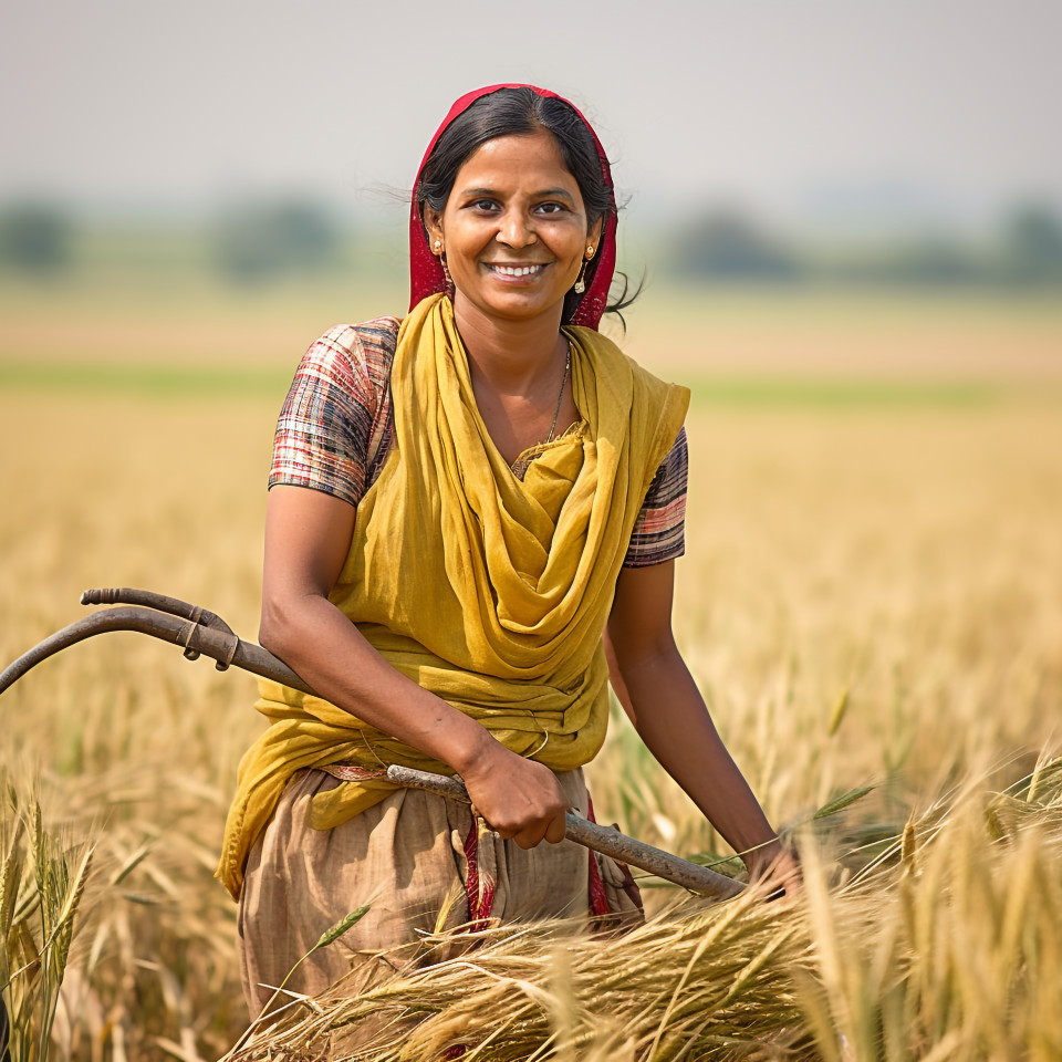 Smiling indian woman farm crop scout at work on blured background