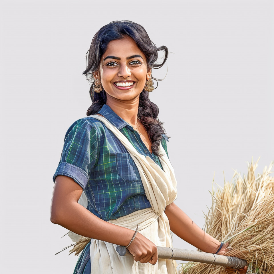Friendly smiling indian woman farm irrigation specialist at work on white background