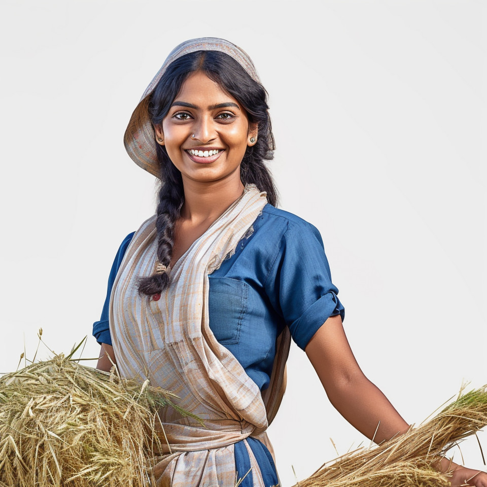 Friendly smiling indian woman farm irrigation specialist at work on white background