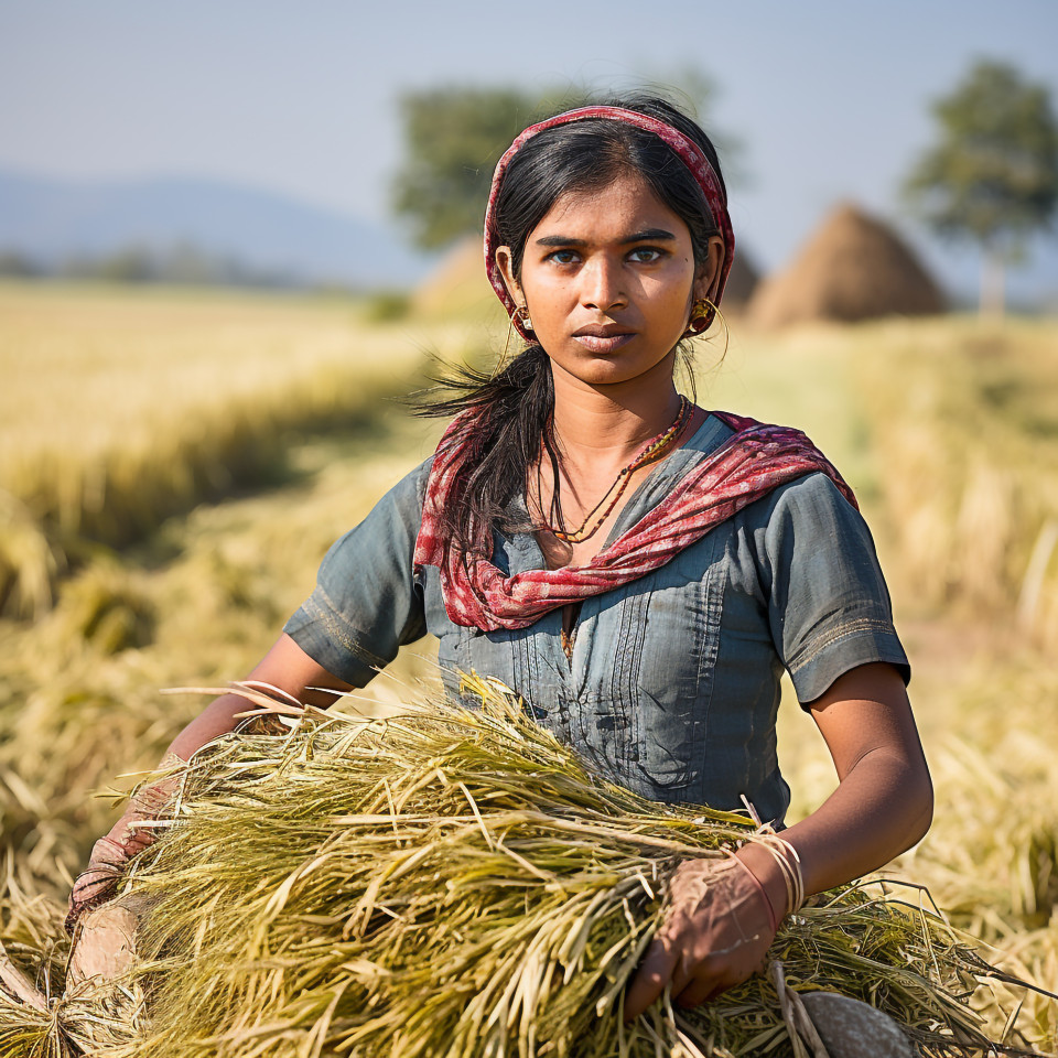 Confident indian woman farm harvest worker at work on blured background