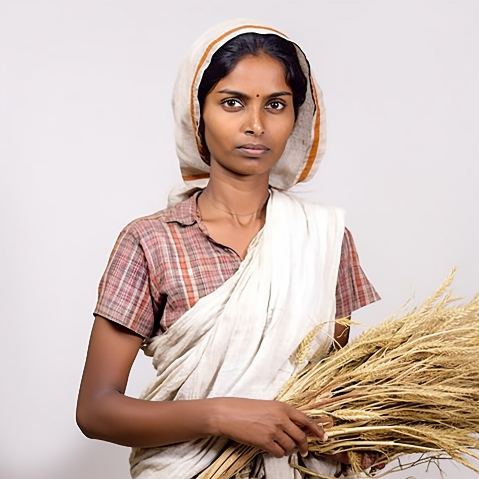 Confident indian woman farm harvest worker at work on blured background
