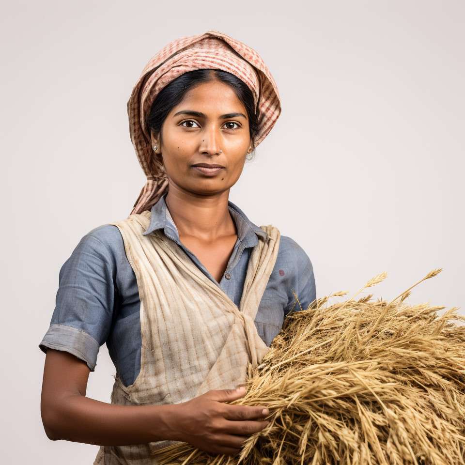 Confident indian woman farm harvest worker at work on blured background