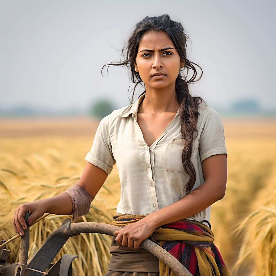 Confident indian woman farm crop scout at work on blured background