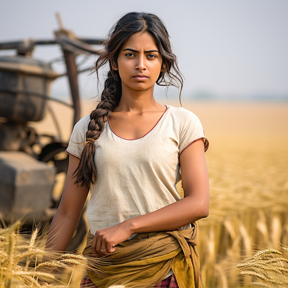 Confident indian woman farm crop scout at work on blured background