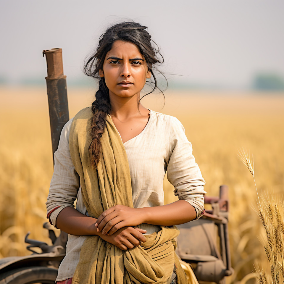 Confident indian woman farm crop scout at work on blured background