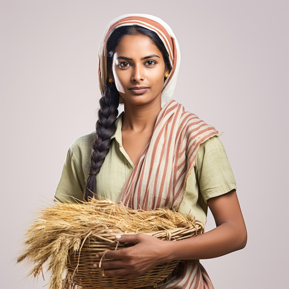 Confident indian woman farm harvest worker at work on blured background