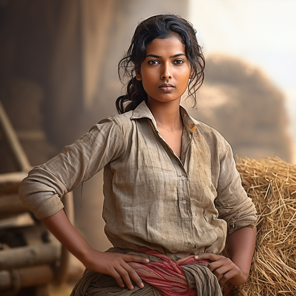 Confident indian woman farm laborer at work on blured background