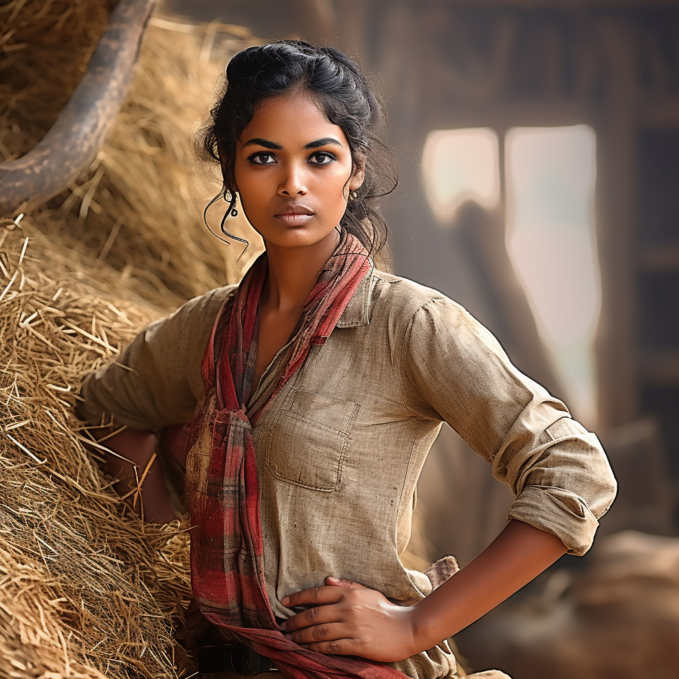 Confident indian woman farm laborer at work on blured background