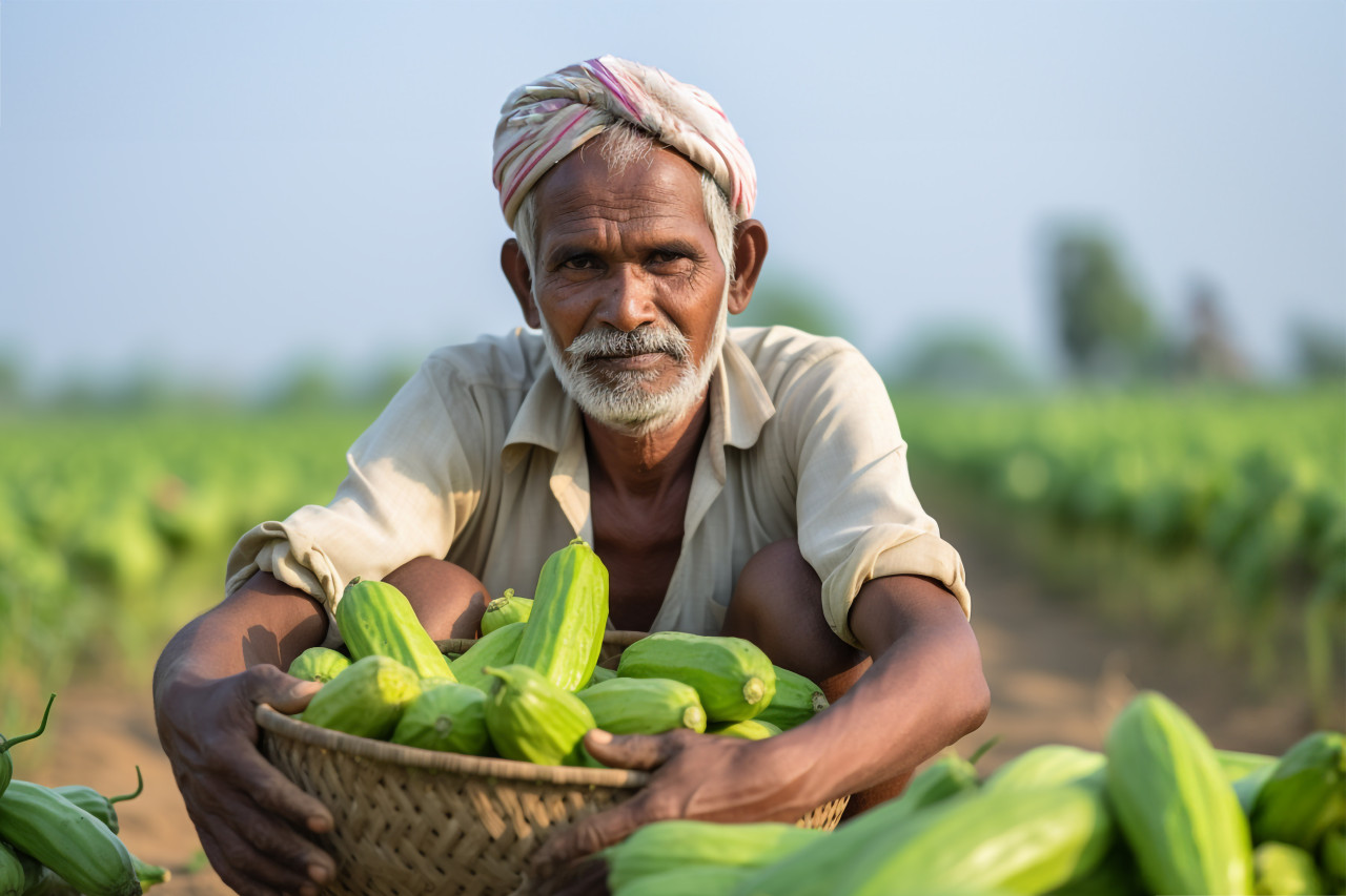 Indian farmer inspecting bottle gourds in field