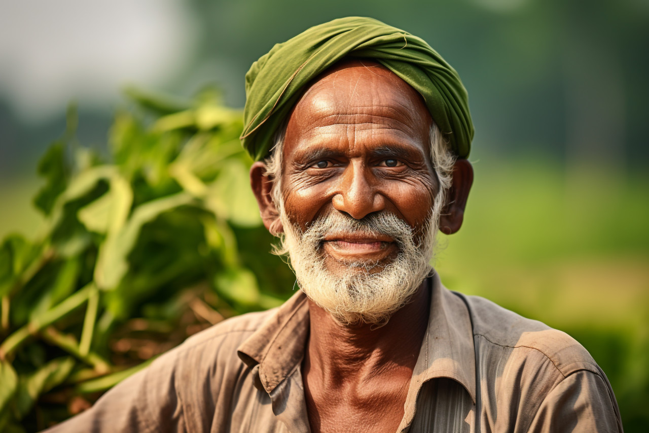 Smiling indian farmer portrait in rural india