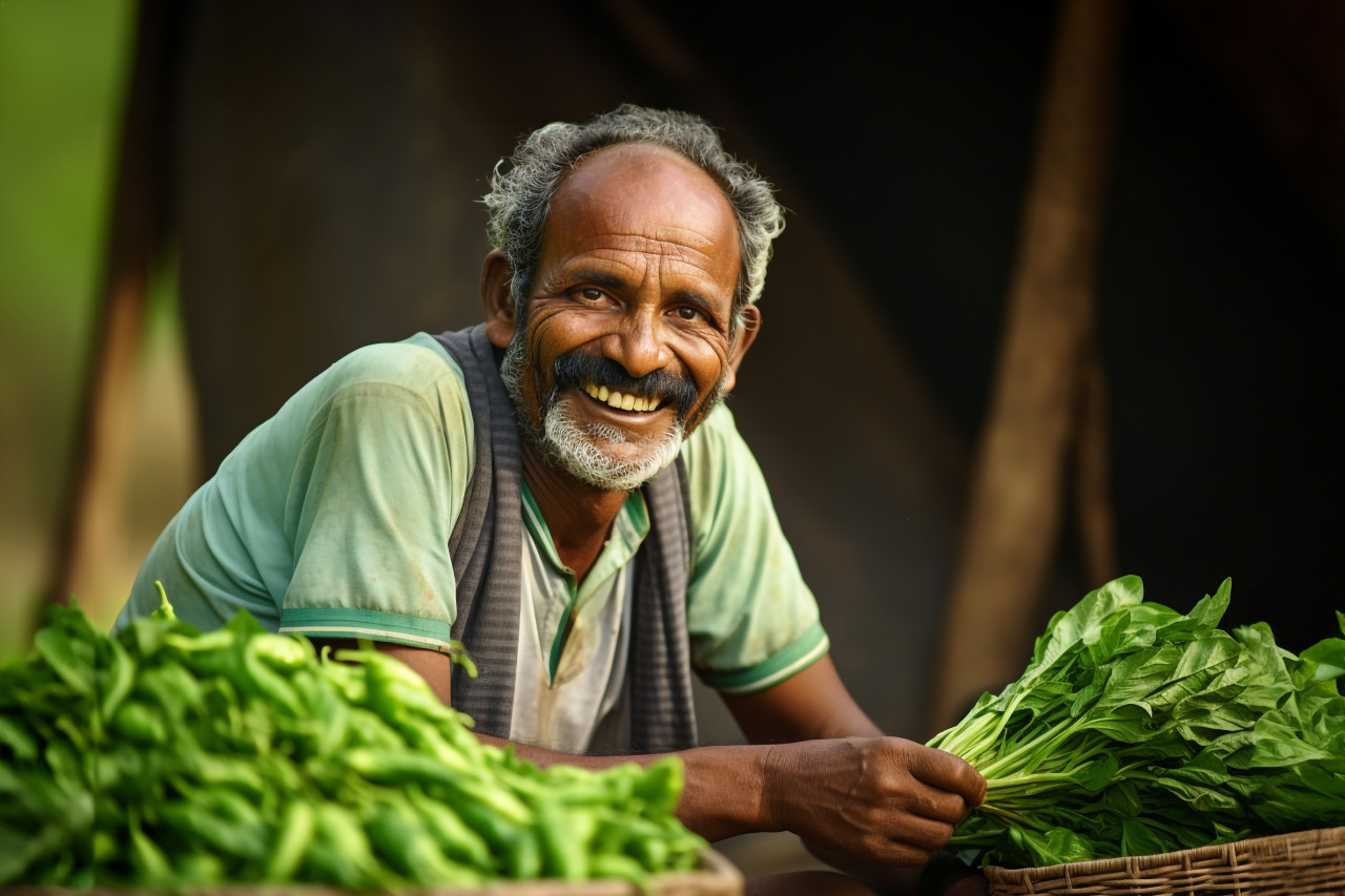Smiling indian farmer portrait in rural india