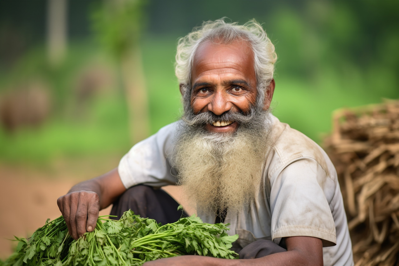 Portrait of happy indian farmer in rural india