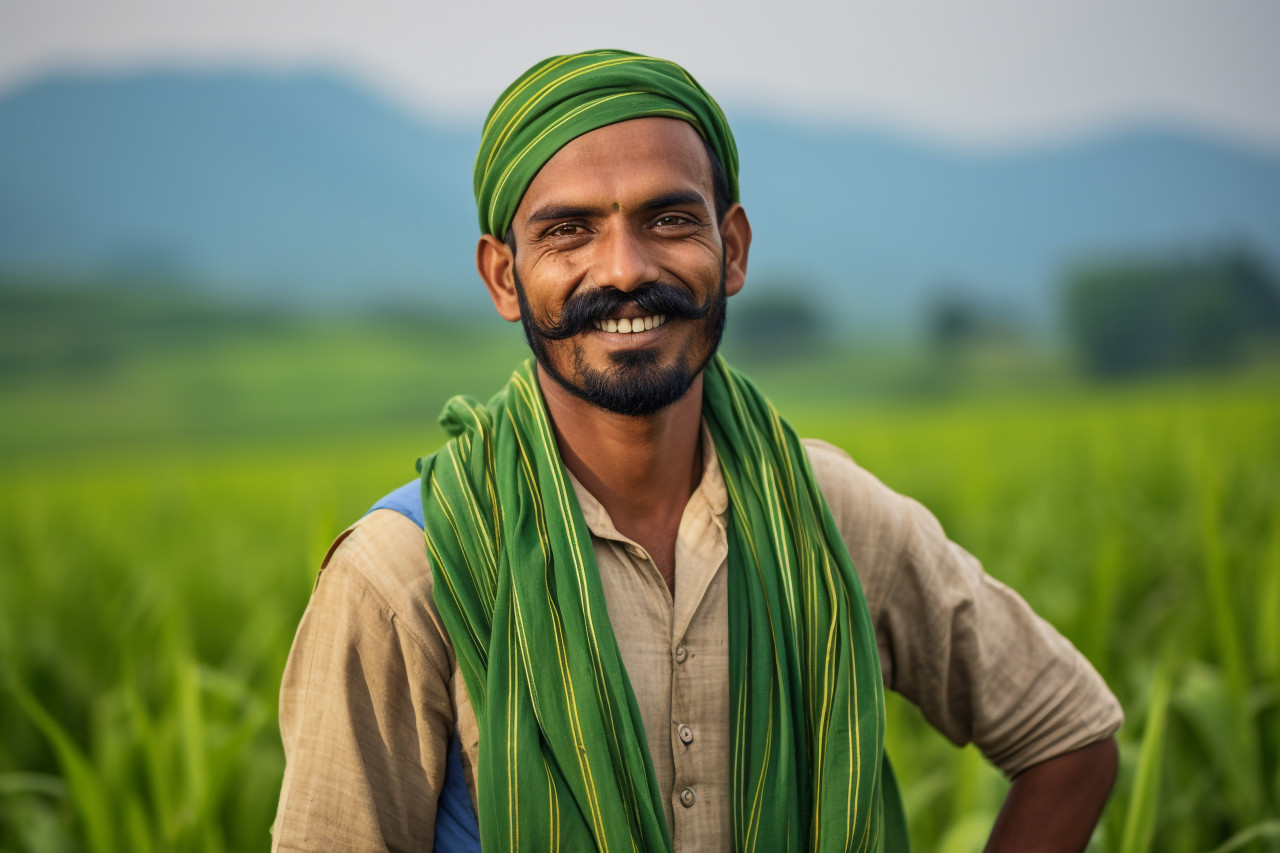 Happy indian farmer in traditional kurta in green field portrait