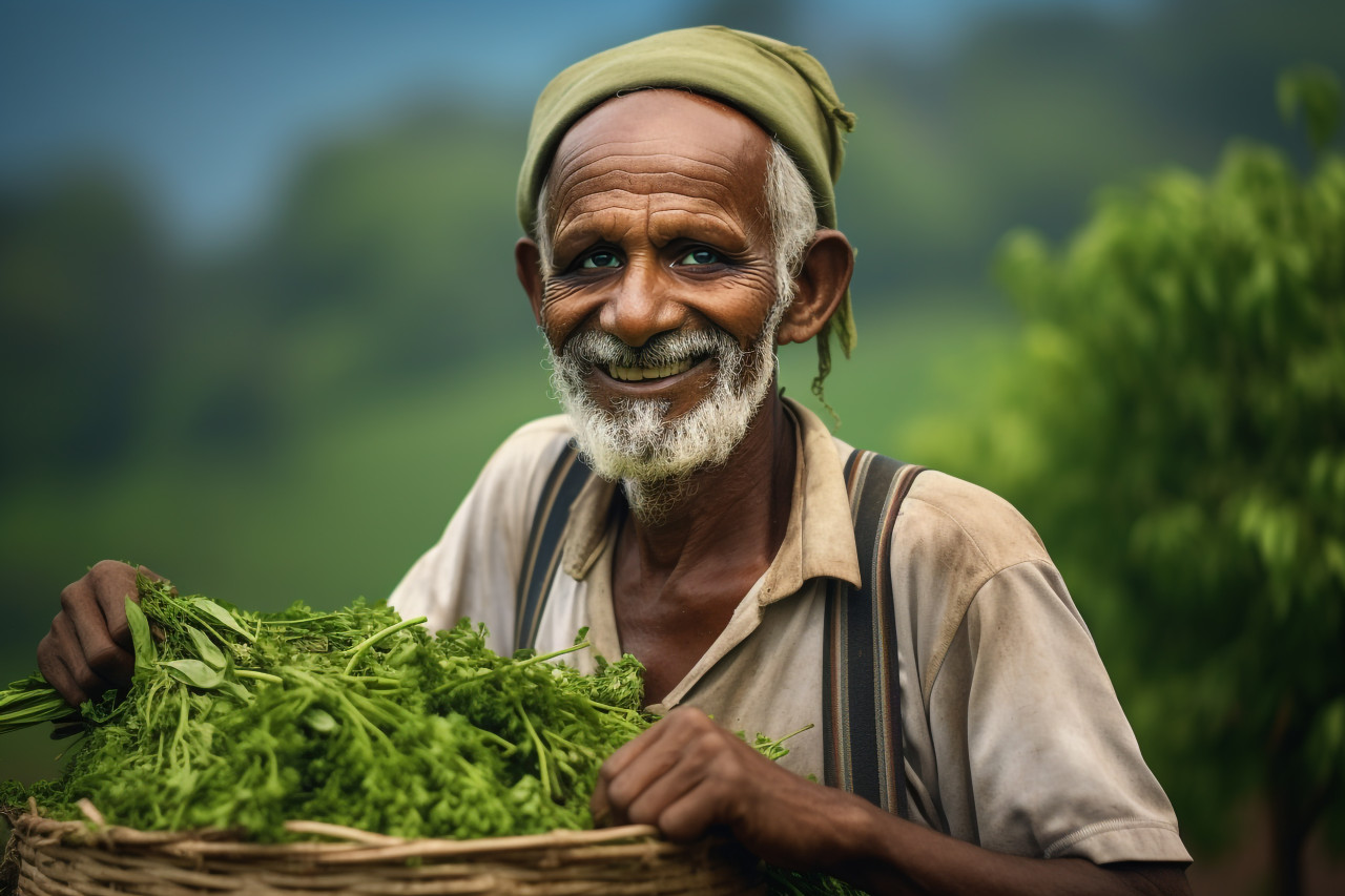 Smiling indian farmer portrait in rural india