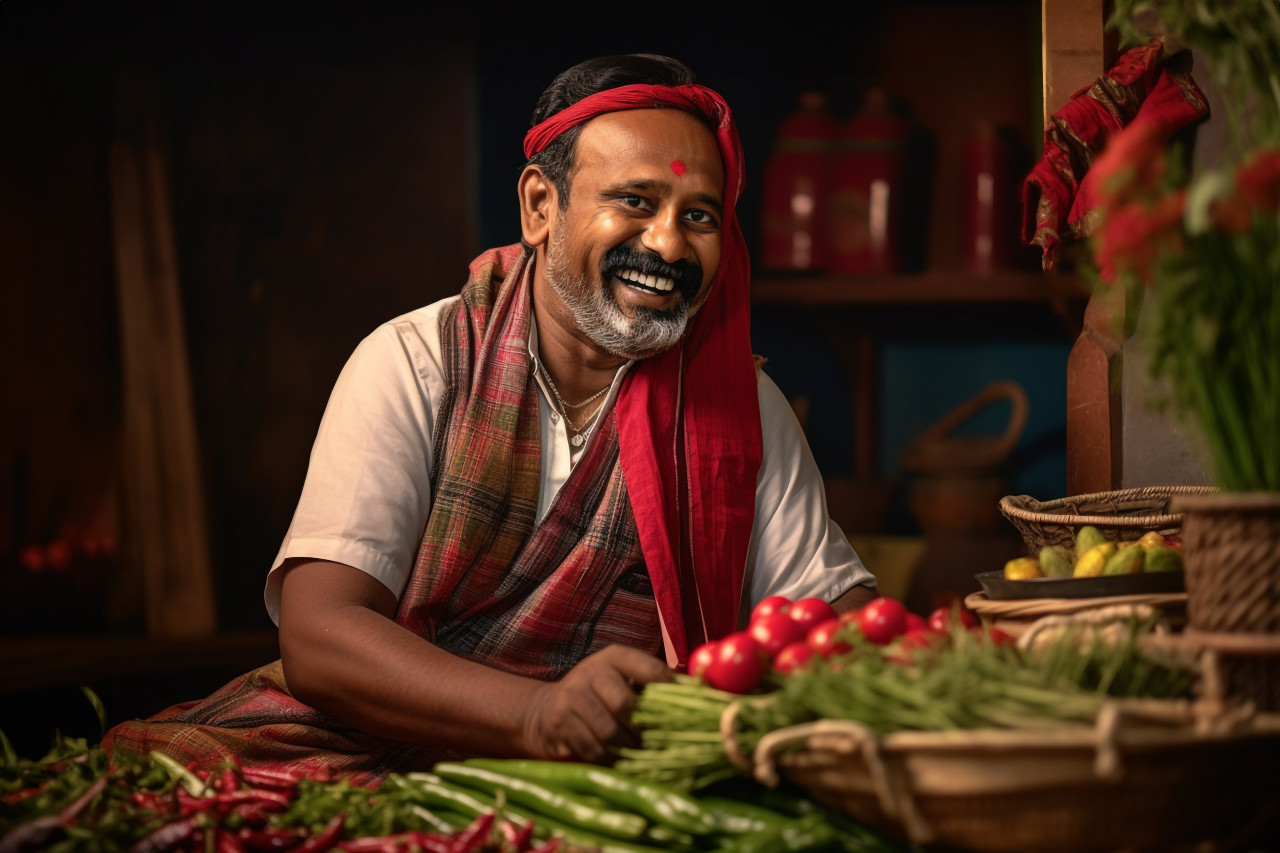 Happy indian farmer in traditional dress posing at home