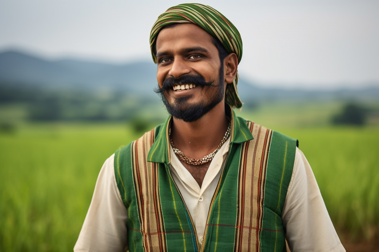Happy indian farmer in traditional kurta in green field portrait
