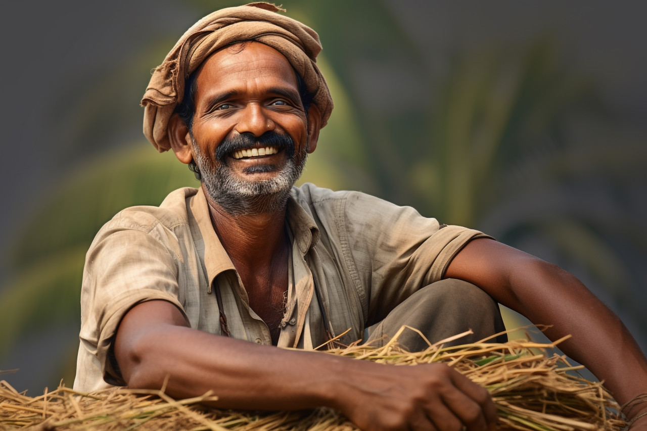 Smiling indian farmer portrait in rural india