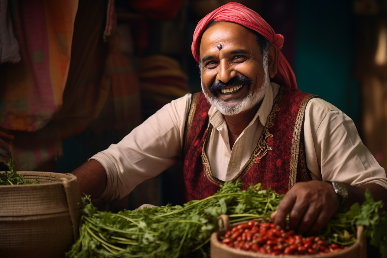 Happy indian farmer in traditional dress posing at home