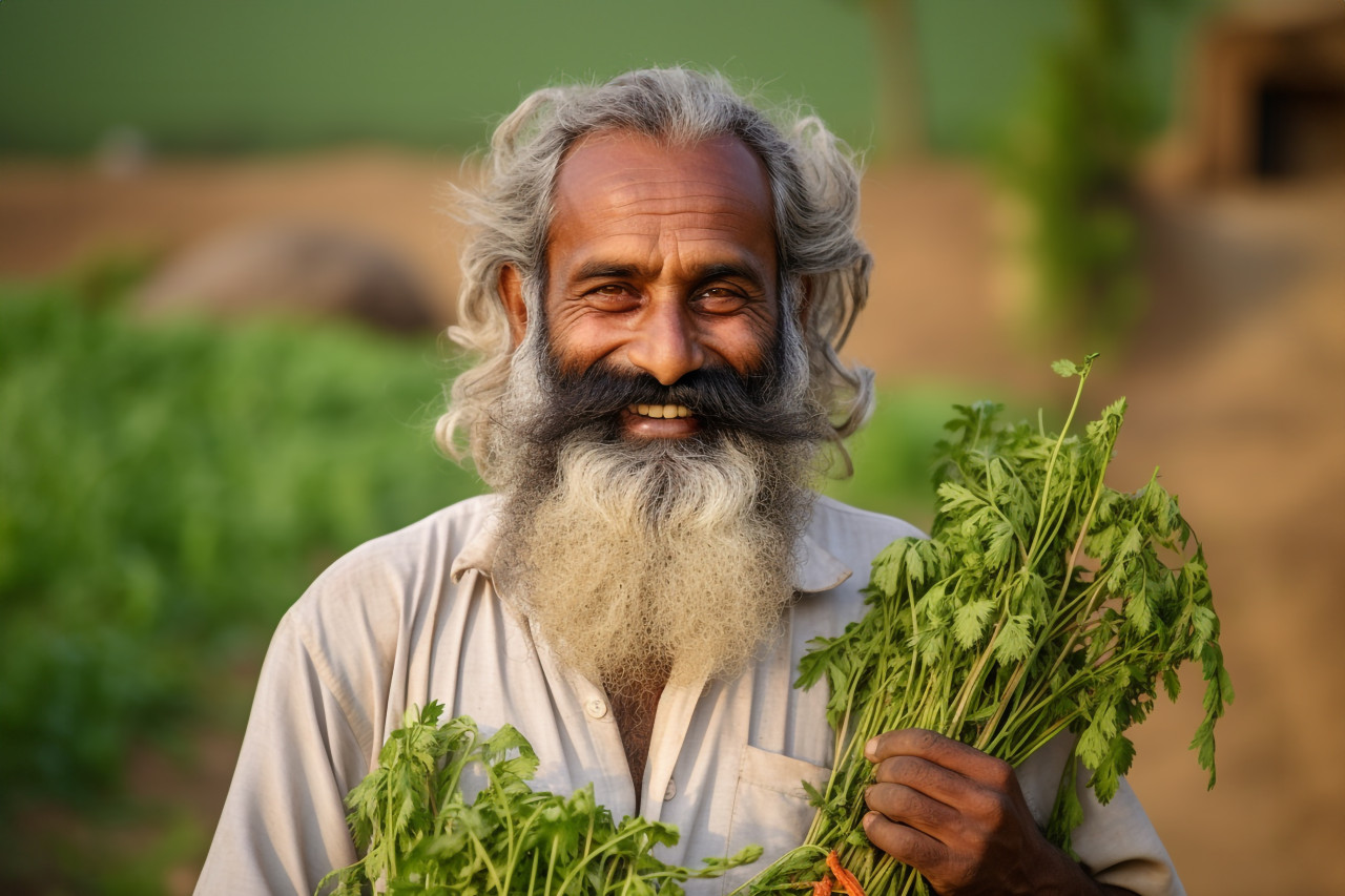 Portrait of happy indian farmer in rural india