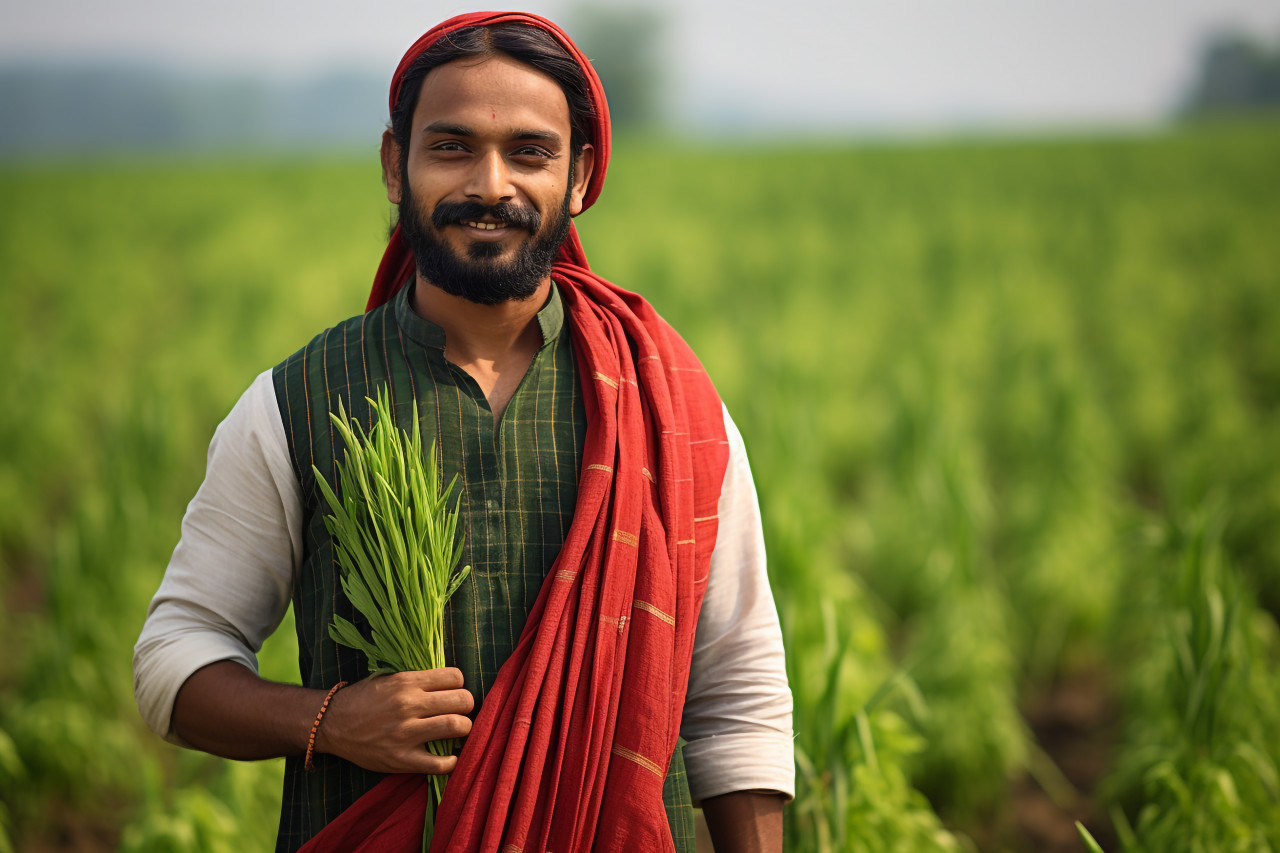 Happy indian farmer in traditional kurta in green field portrait