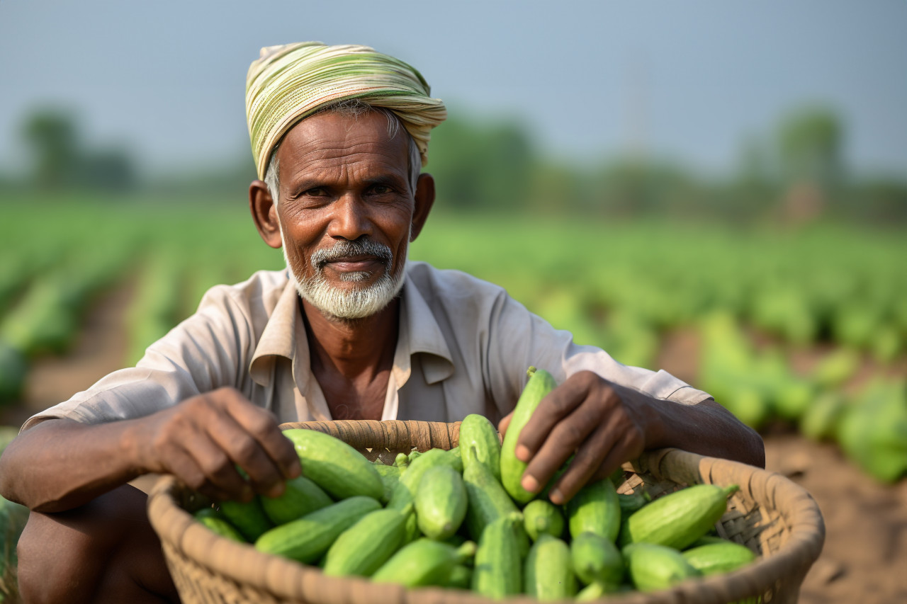 Indian farmer inspecting bottle gourds in field