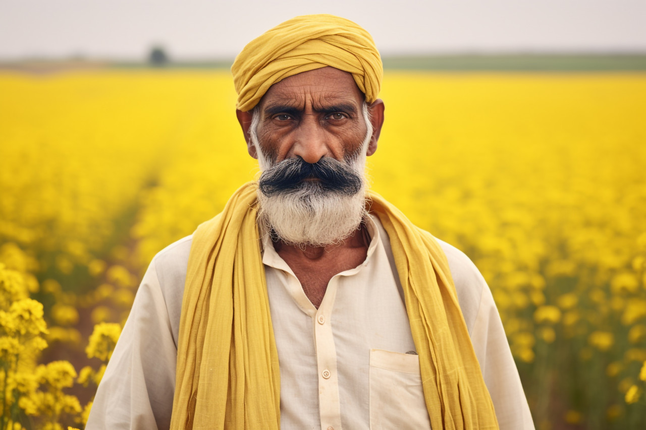 Angry indian farmer in mustard field