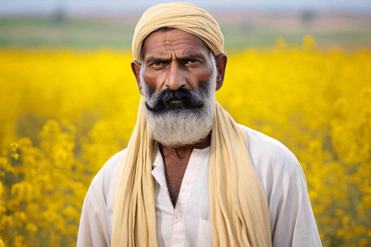 Angry indian farmer in mustard field