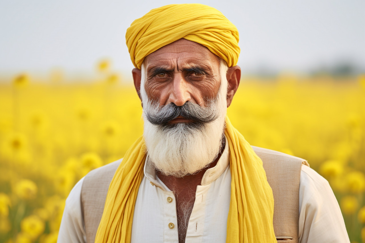Angry indian farmer in mustard field